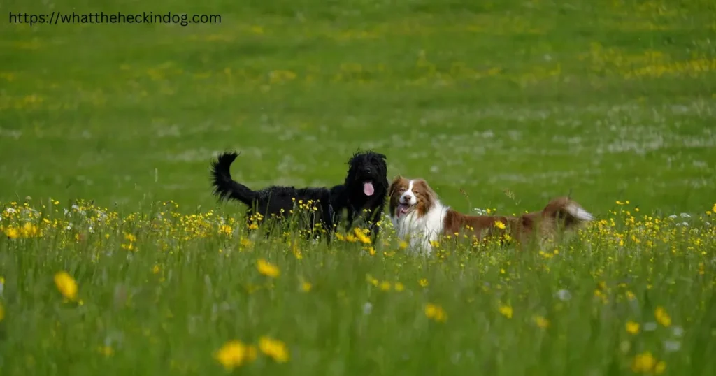 Two dogs playing in a field of yellow flowers under the sun on a beautiful day in springtime.