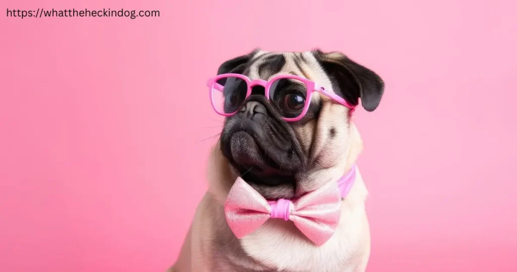 Adorable pug wearing glasses and a pink bow tie, looking dapper.