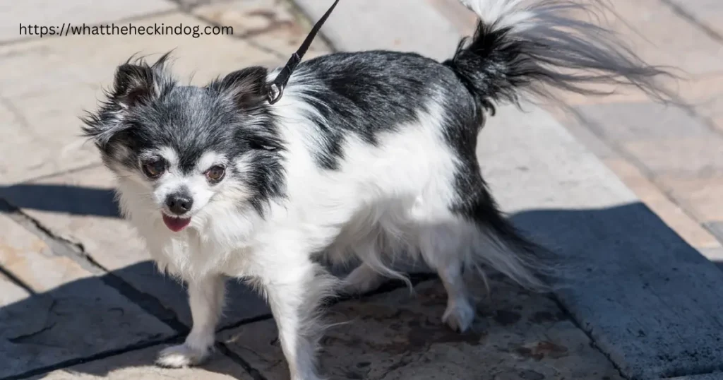 A small  long haired Chihuahua dog standing on a sidewalk.