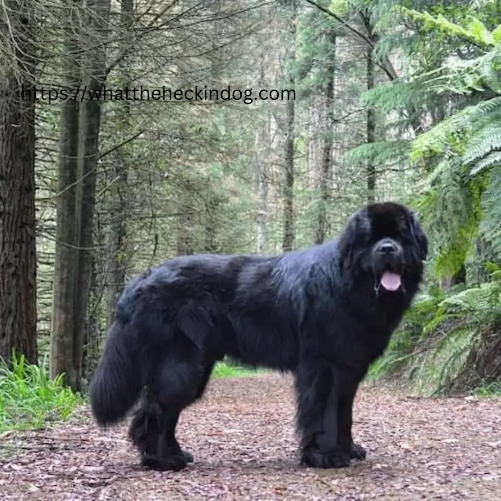 A large black dog standing in the woods, surrounded by tall trees and green foliage.