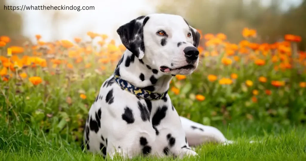 Spotted long haired Dalmatian dog relaxing in grass with colorful flowers behind.