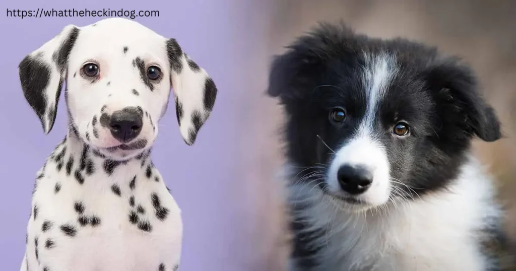 Two dogs sitting next to each other, one black and one white, looking straight ahead.