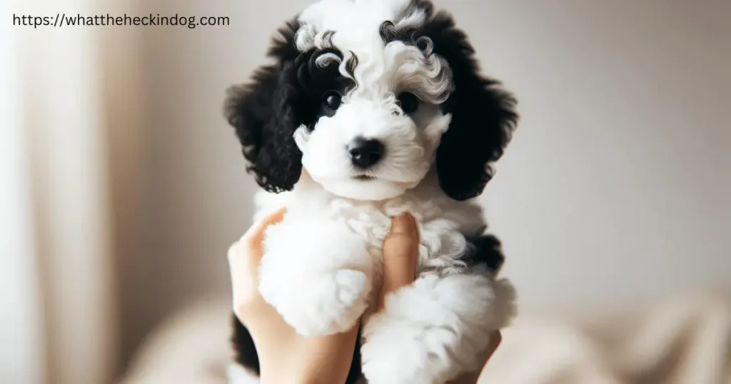 A cute black and white  Parti Poodle dogs being gently cradled in someone's hands.