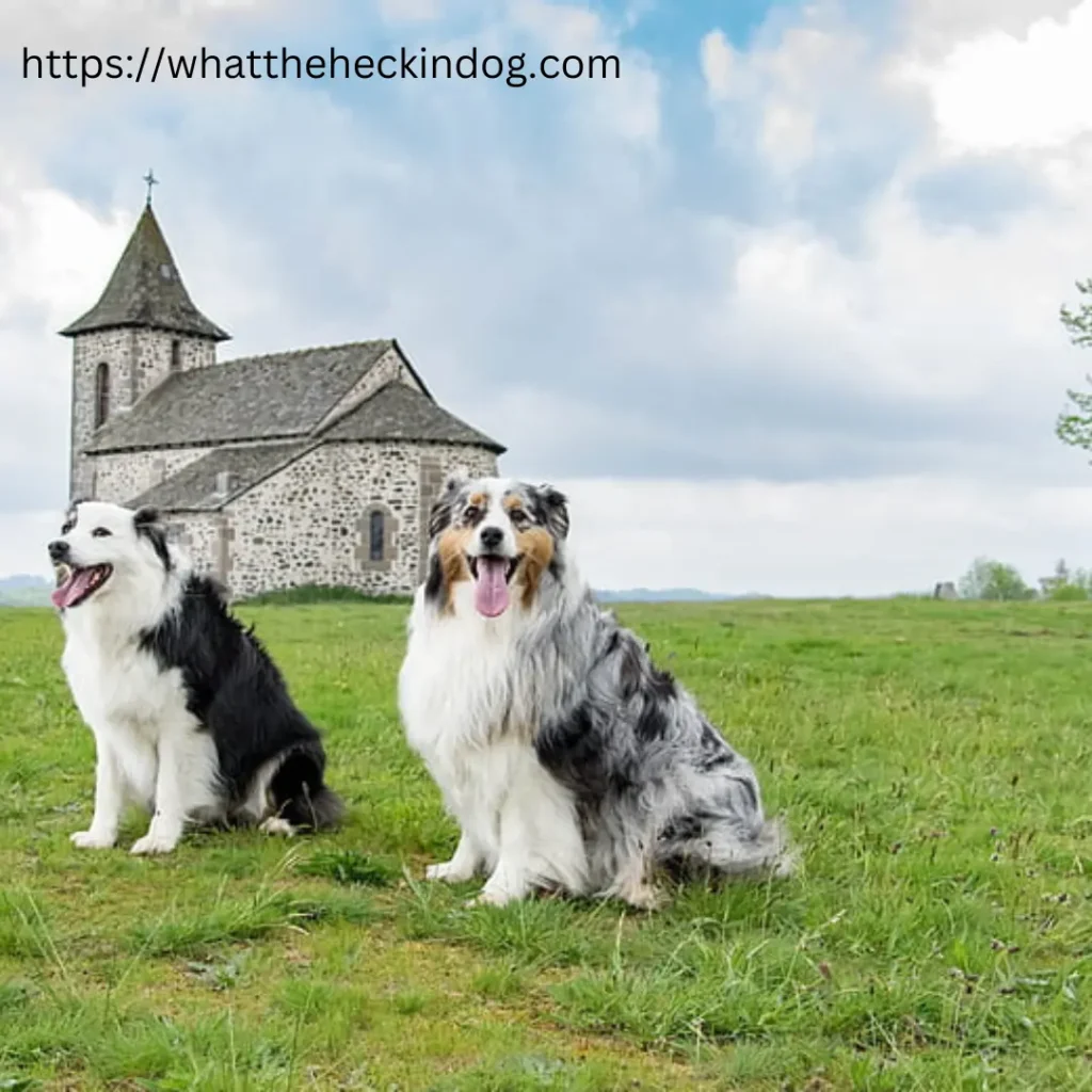 Two Australian Shepherd sitting attentively in front of a beautiful church, showcasing their loyalty and peacefulness.