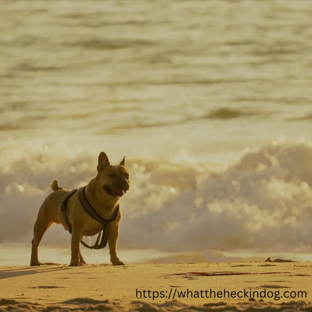 A French Bulldog on a leash enjoying the beach, with the waves crashing in the background.