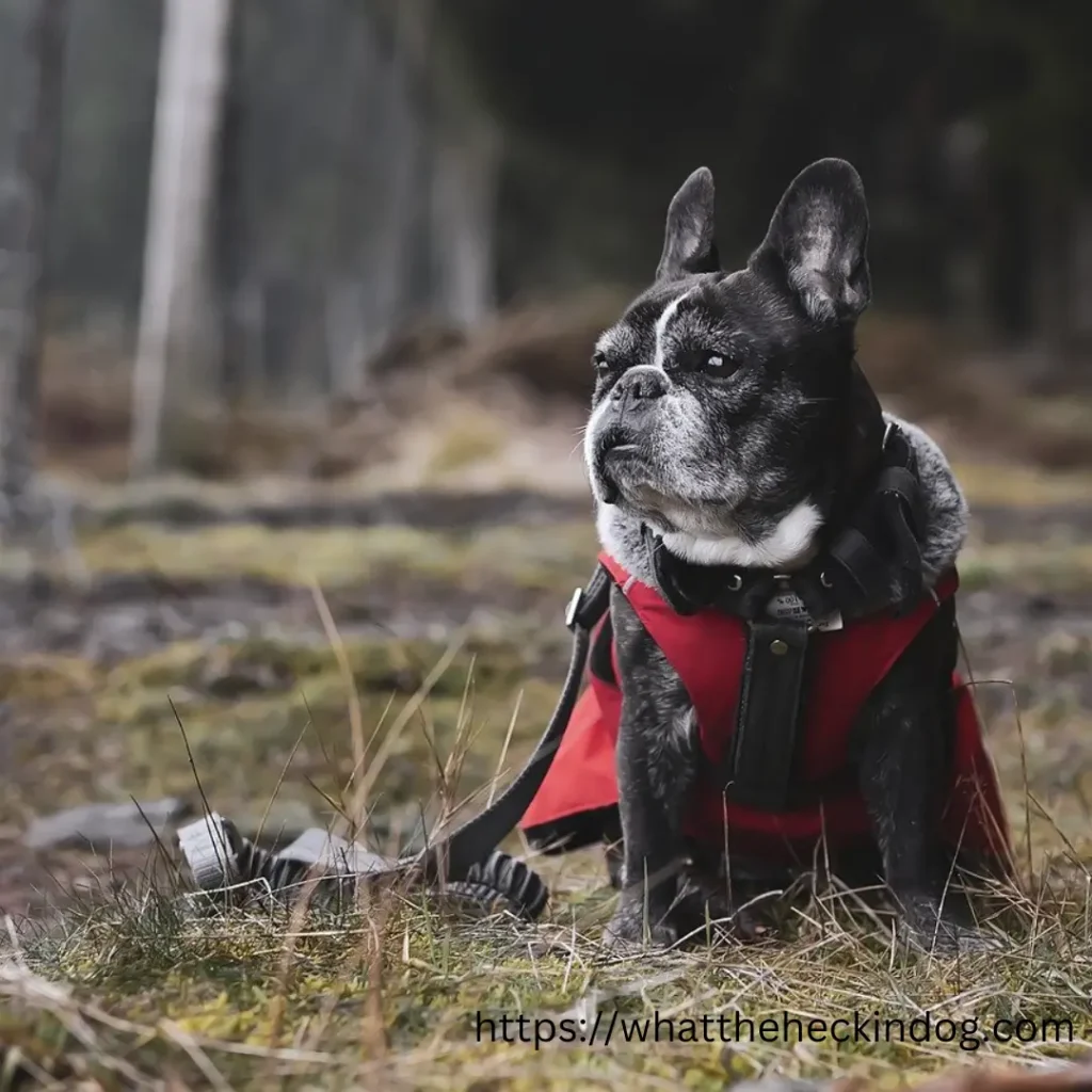 A French bulldog wearing a red jacket sitting in the grass, looking adorable and ready for a walk.