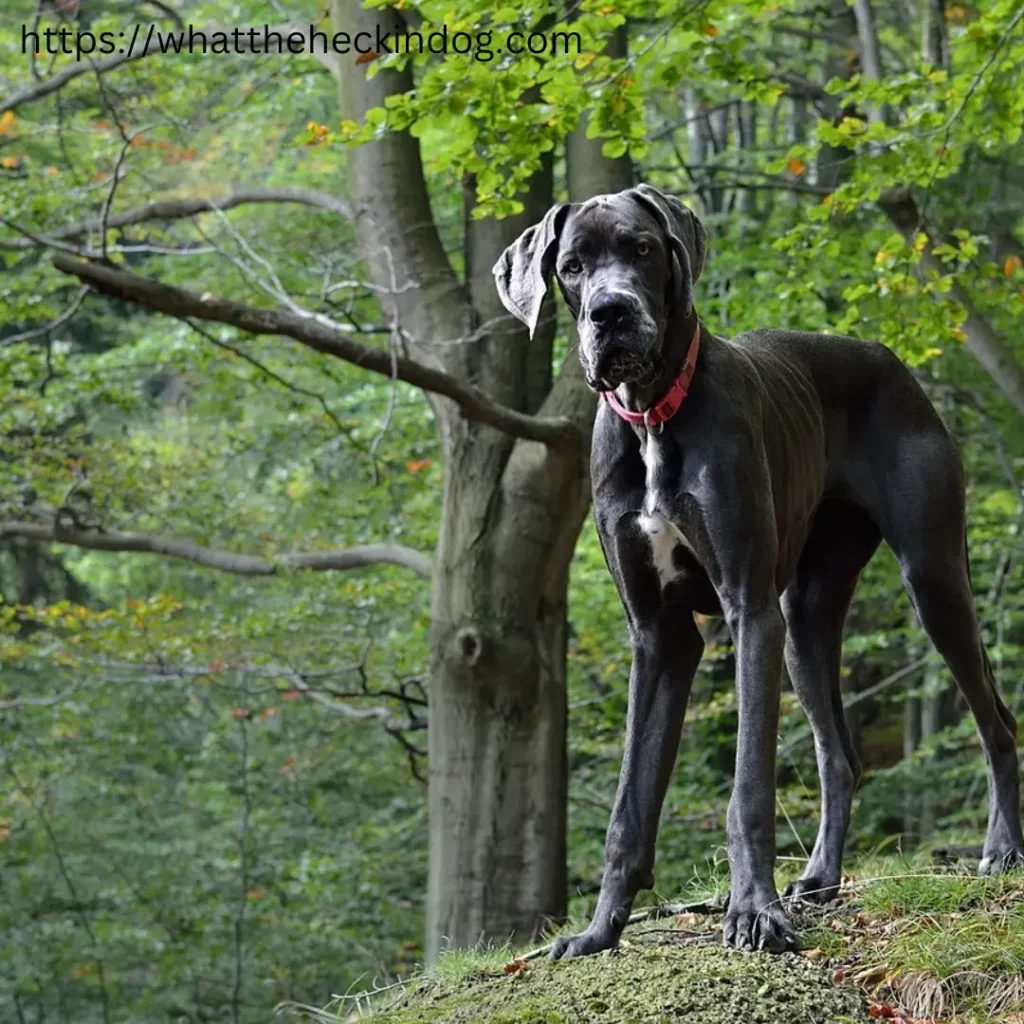 Great Dane dog standing on a rock in the woods, surrounded by tall trees and green foliage.