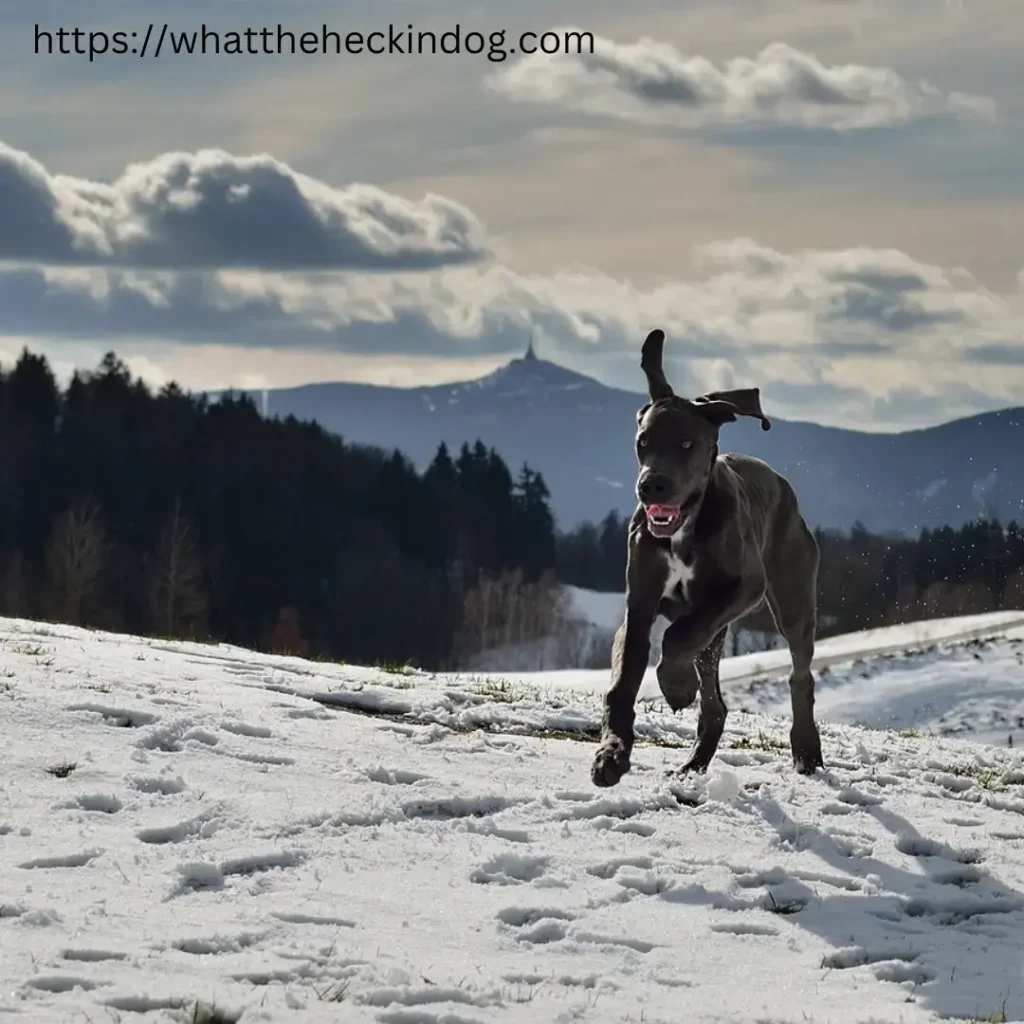 A Great Dane dog joyfully running through a snowy landscape.