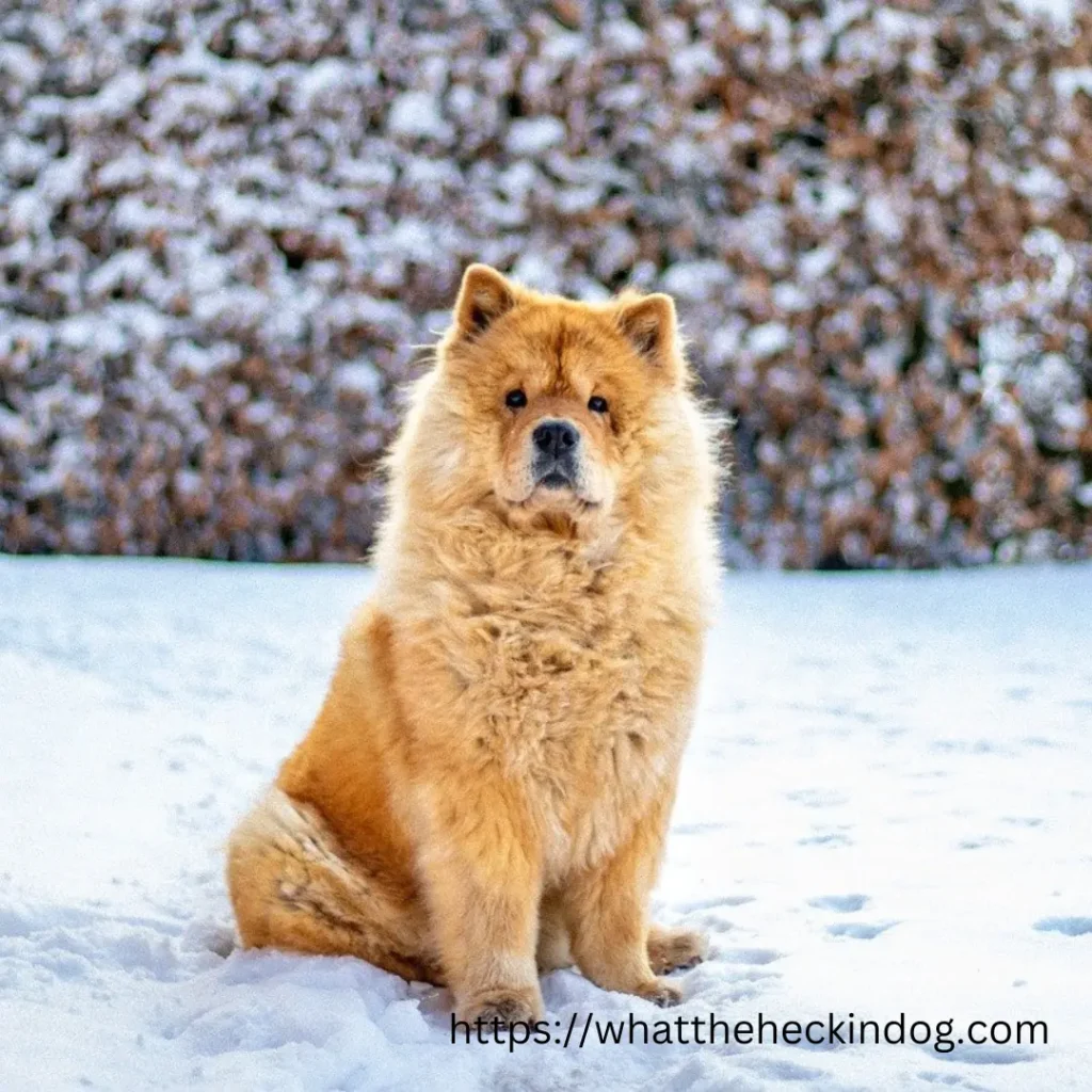 A chow chow dog sitting peacefully in the snow.