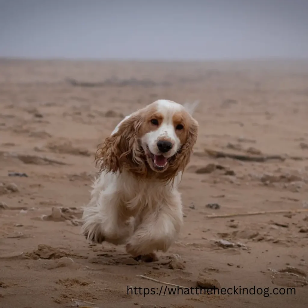 Cocker Spaniel Dog joyfully running along the sandy beach, with waves crashing in the background.