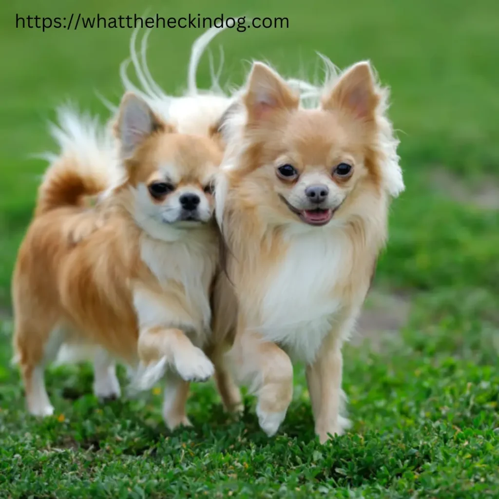 Two small Chihuahua dog happily running side by side on a lush green grassy field.