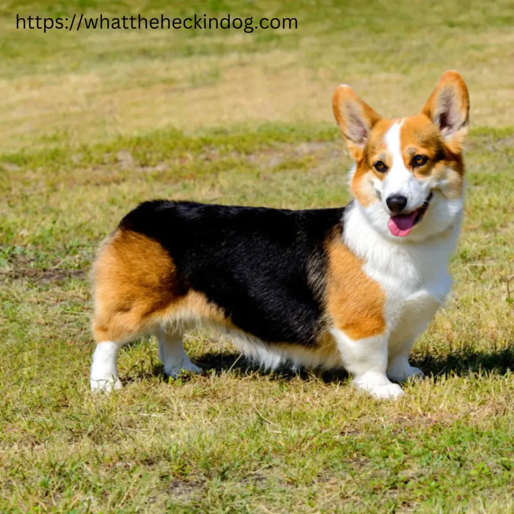 An attentive dog standing in the lush green grass.