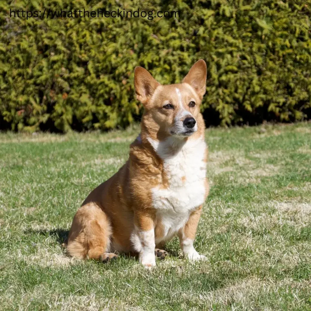  Image of a dog with brown and white fur sitting on green grass.