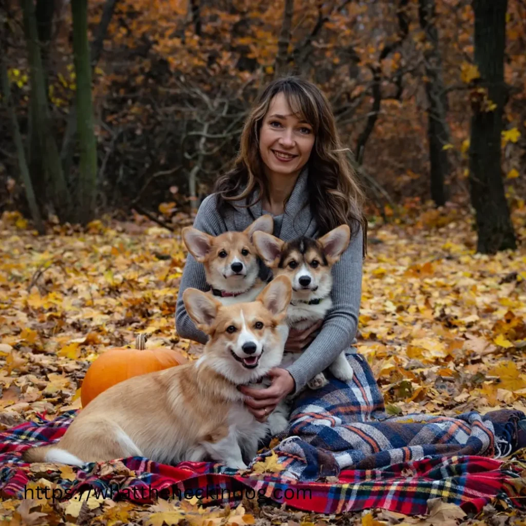 A woman walking with three Cardigan Welsh Corgi Puppies in a fall setting, surrounded by colorful leaves and a serene atmosphere.