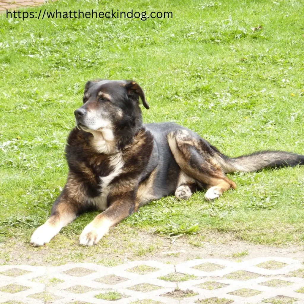 Bernese Mountain Dog peacefully resting on the lush green grass.