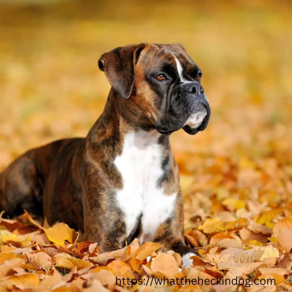 Boxer dog resting in a pile of fallen leaves.