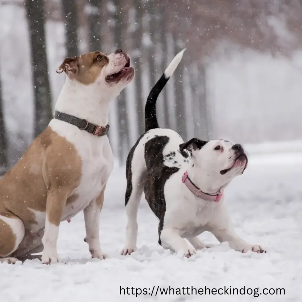 Two  Boxer dogs standing in the snow, one black and one white, with snowflakes falling around them.