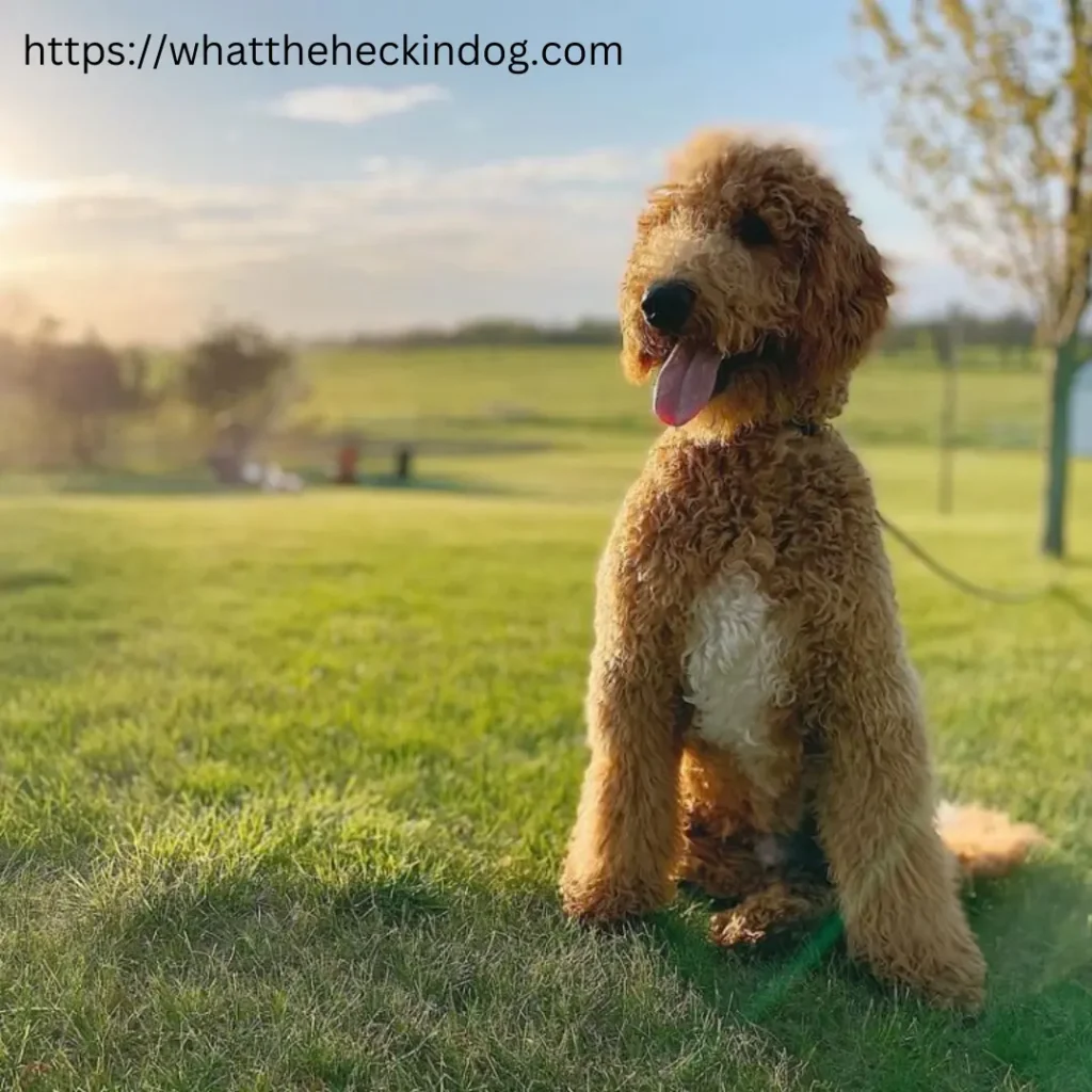 A Goldendoodle enjoying the lush green grass.