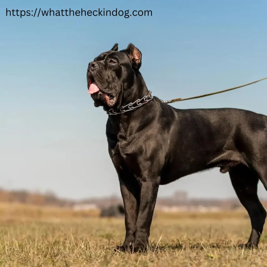 A majestic Cane Corso stands proudly in a vast field, exuding strength and grace amidst the serene surroundings.