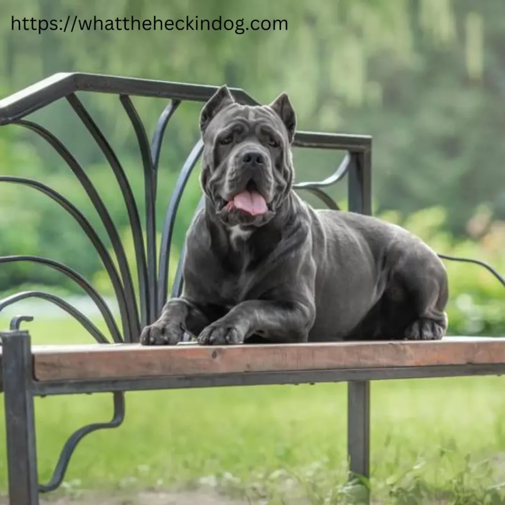 Cane Corso dog sitting on a bench.