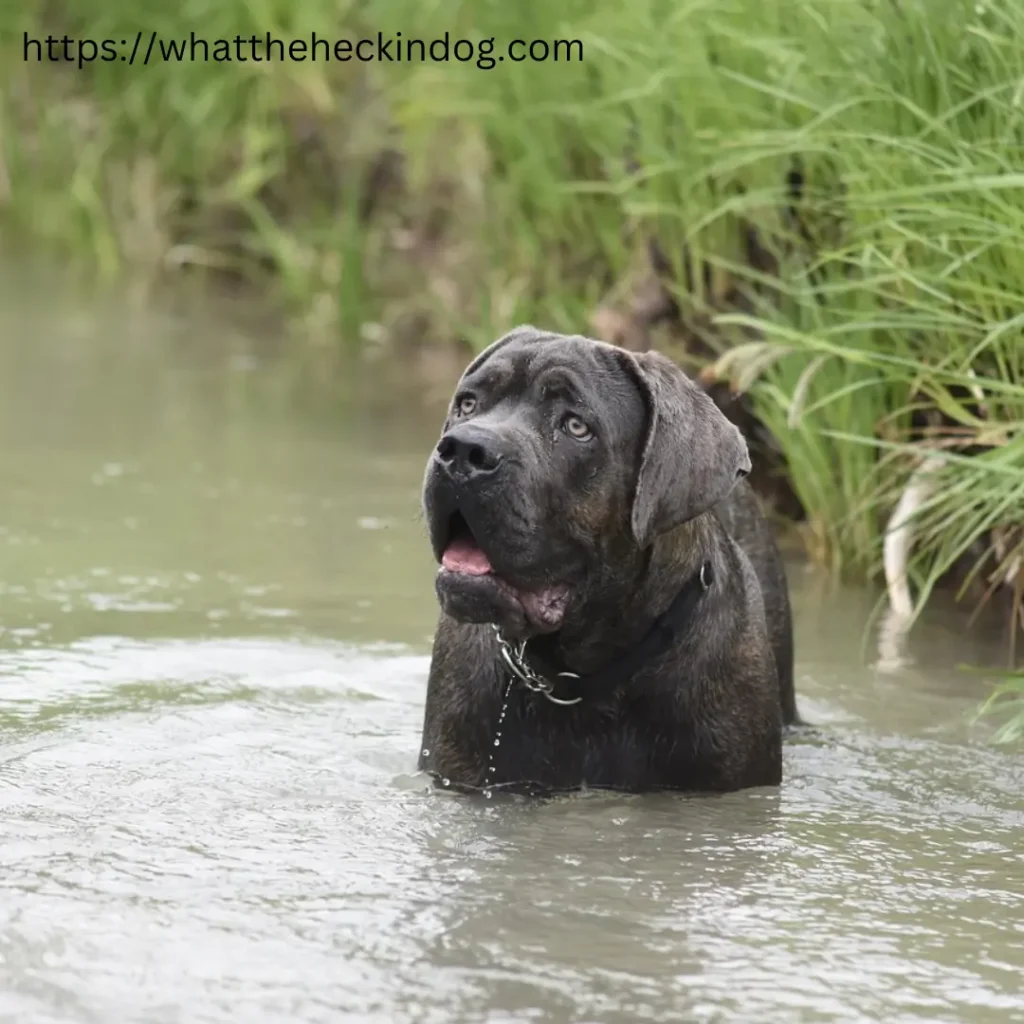 A big Cane Corso dog enjoying a swim in the water.