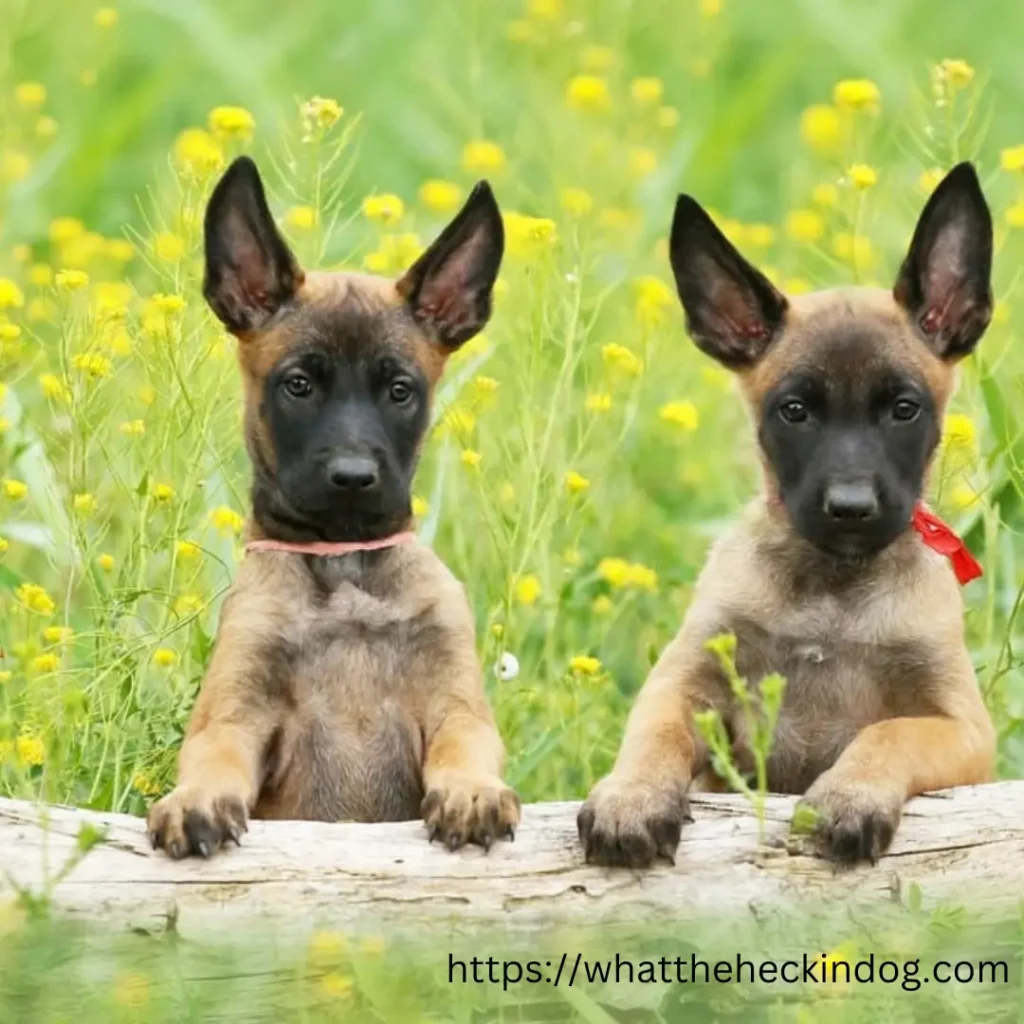 Two Belgian Malinois puppies sitting on a log, looking adorable and curious.