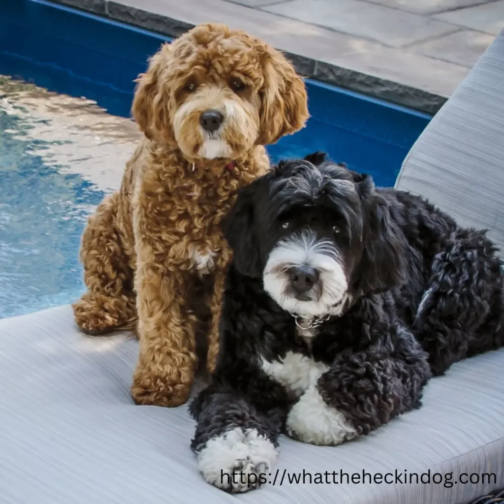 Two Bernedoodle dogs sitting on a chair near a pool, enjoying a relaxing day under the sun.