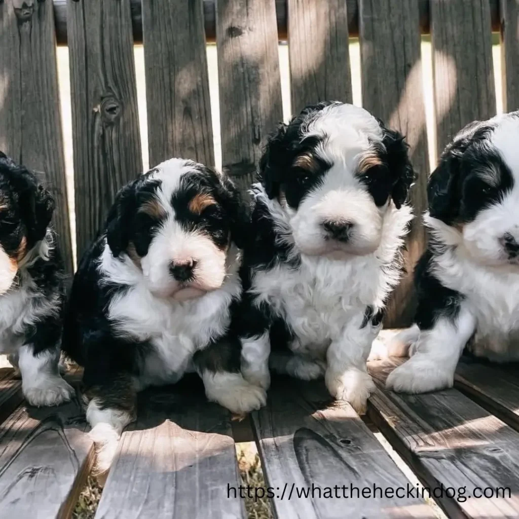 Four Dog puppies sitting on a wooden bench, looking adorable and playful.