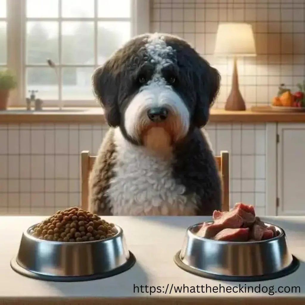 A Bernedoodle dog sitting at a table with two bowls of food.