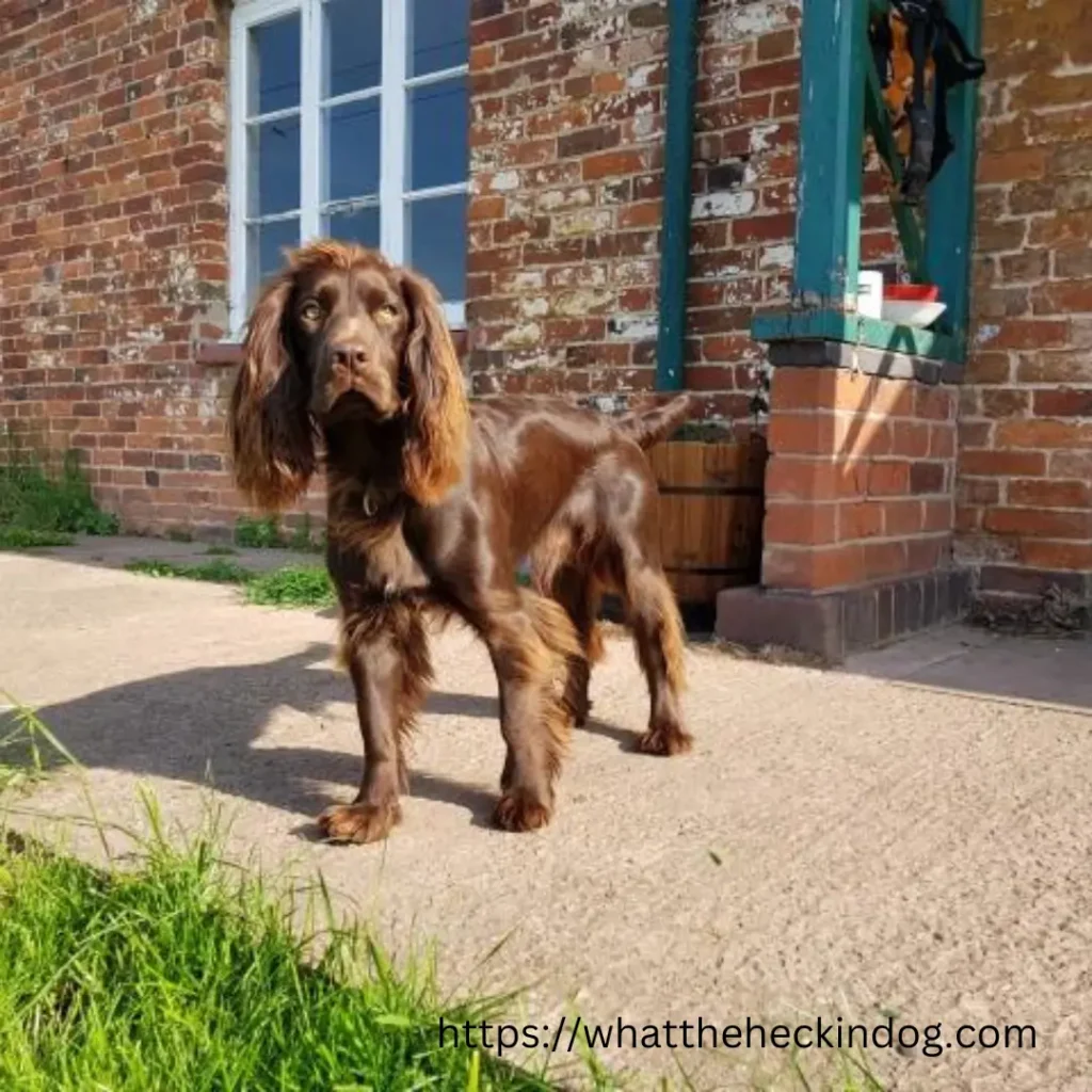 An adorable brown dog standing proudly by a brick building.