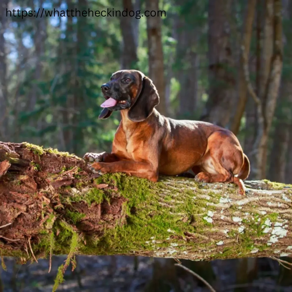 A Bavarian Mountain Hound dog resting on a log amidst a wooded area, with a serene and natural backdrop.