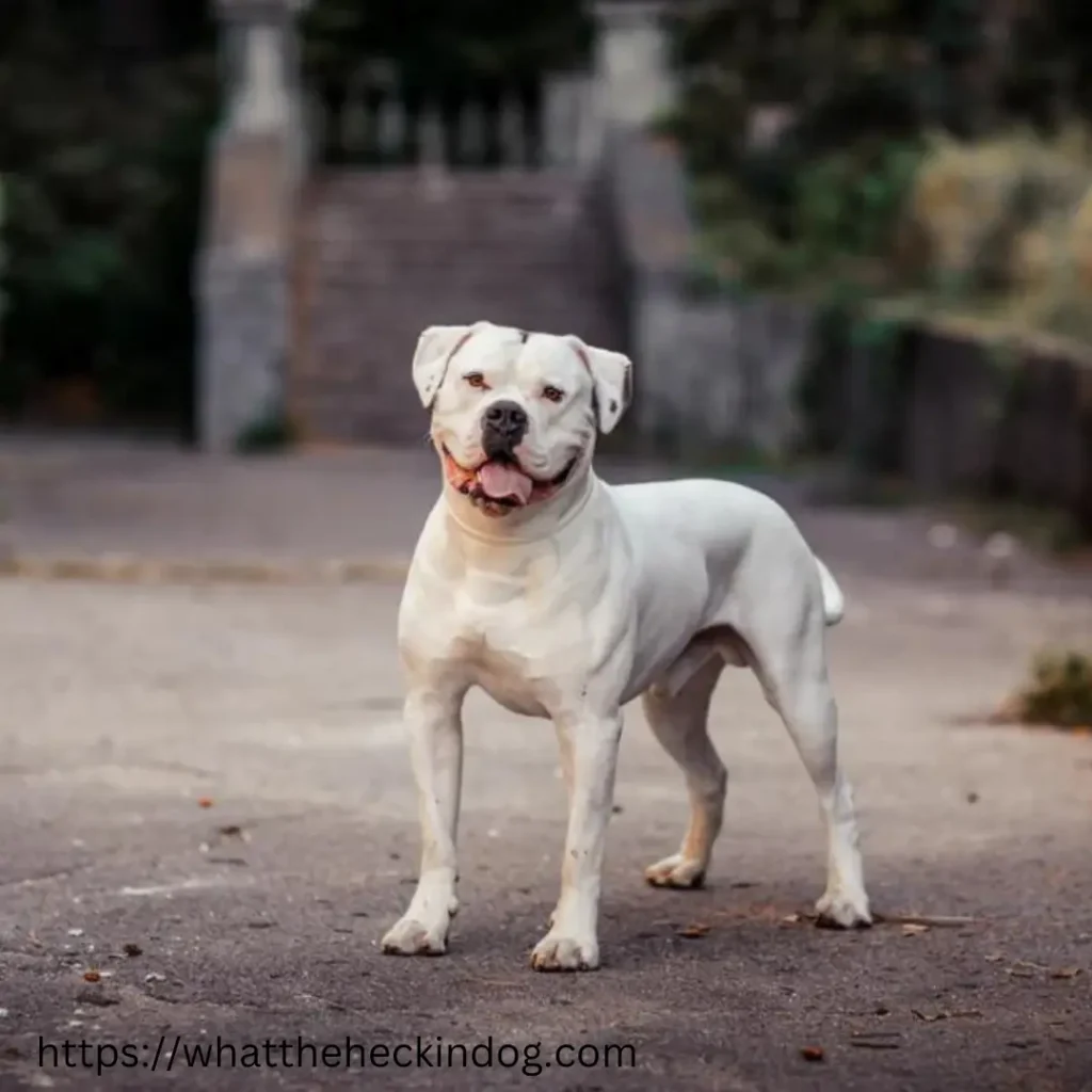 A white American Bulldog standing on a paved path.