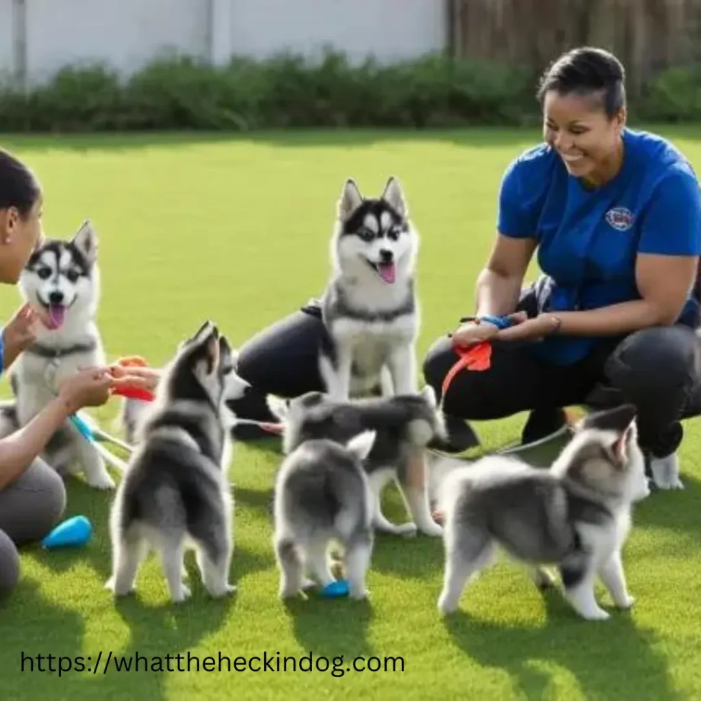 Alaskan Kali Kai Puppies Joyful scene of a woman and two dogs interacting with playful puppies outdoors