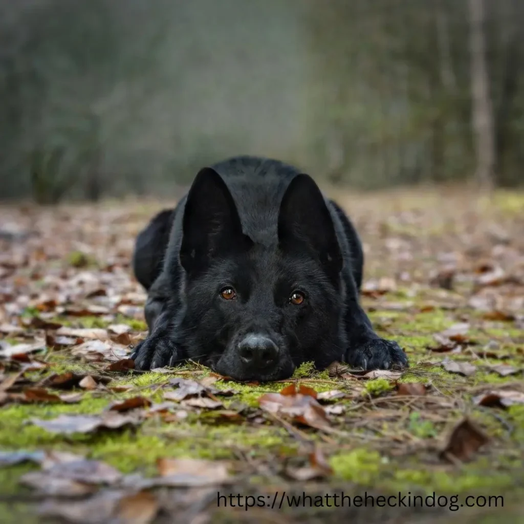 A black German Shepherd dog resting on the forest floor, surrounded by trees.