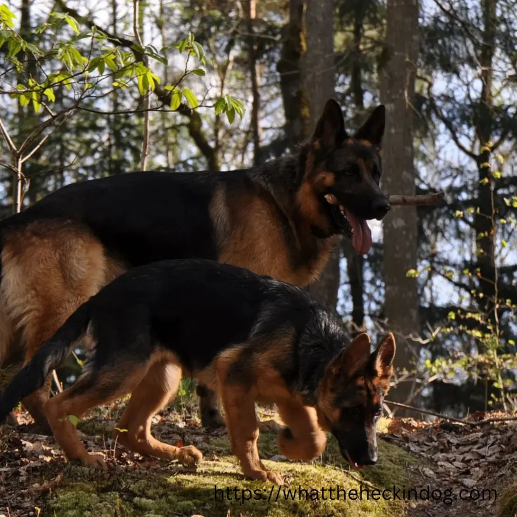 Two German Shepherd dogs standing on a rock in a forest.