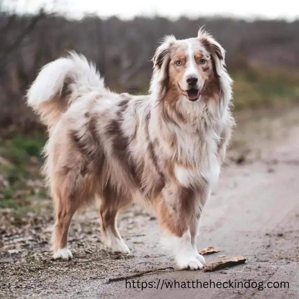 Australian Shepherd dog breed: A medium-sized, intelligent and energetic herding dog with a thick coat and striking blue or amber eyes.