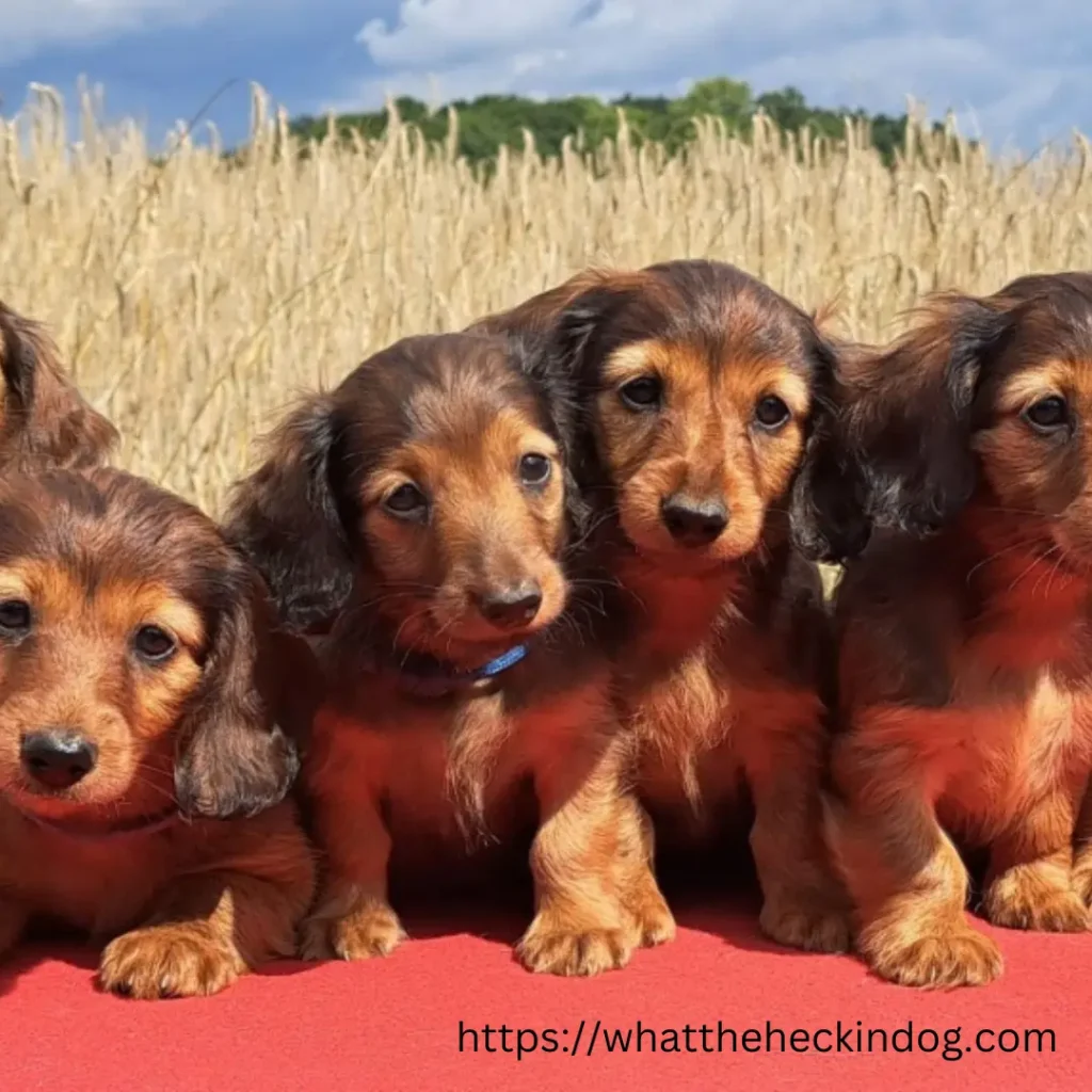 Five dachshunds puppies sitting on a red carpet, looking adorable and curious.