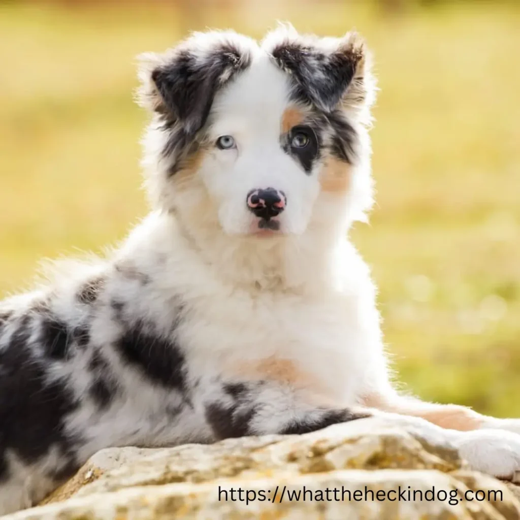 A black and white Toy Australian Shepherd sitting on a rock, looking adorable and curious.