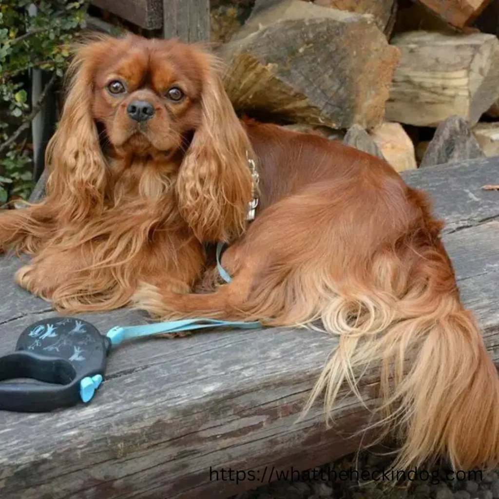 A brown Cavalier King Charles Spaniel dog with long hair peacefully resting on a wooden bench.