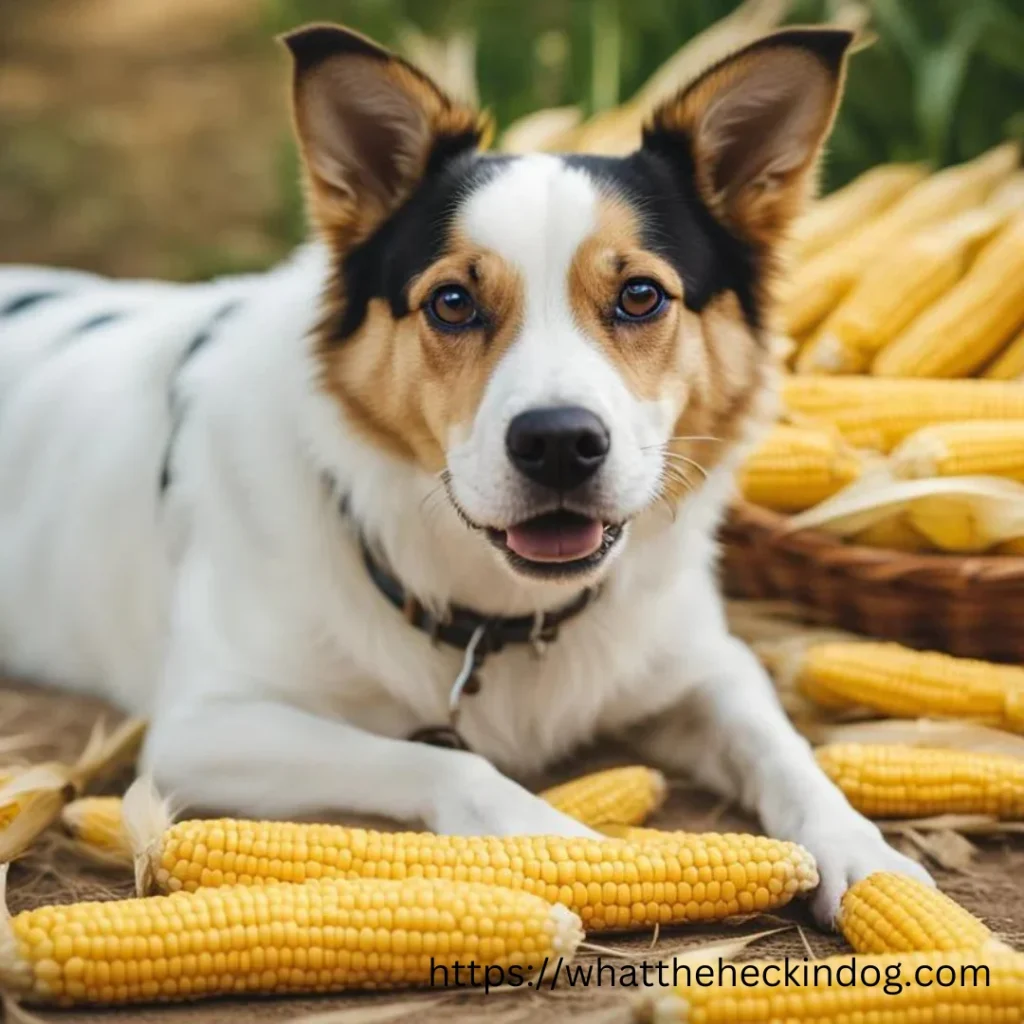 Can Dogs Have Corn 
A close-up photo of an Australian Shepherd dog sitting next to a pile of corn cobs.