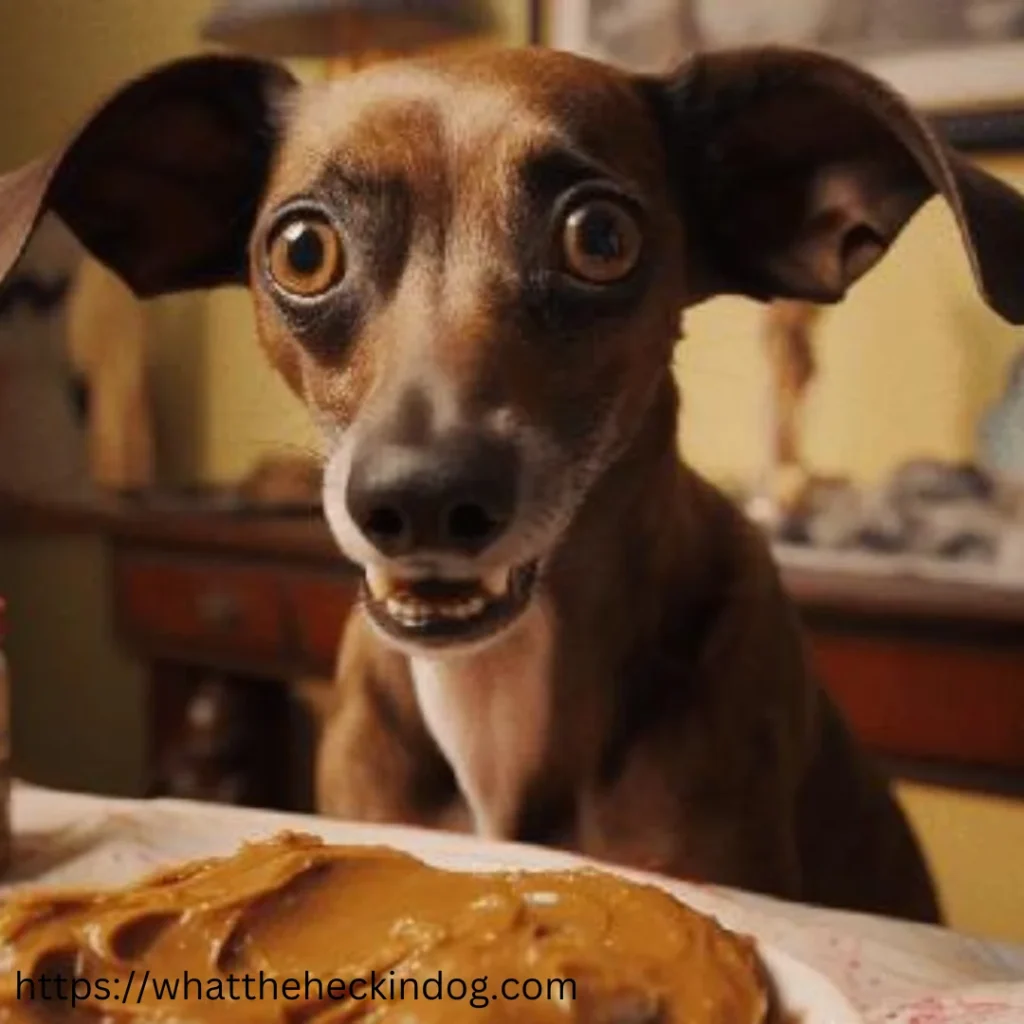 A cute dog sitting next to a table topped with peanut butter.