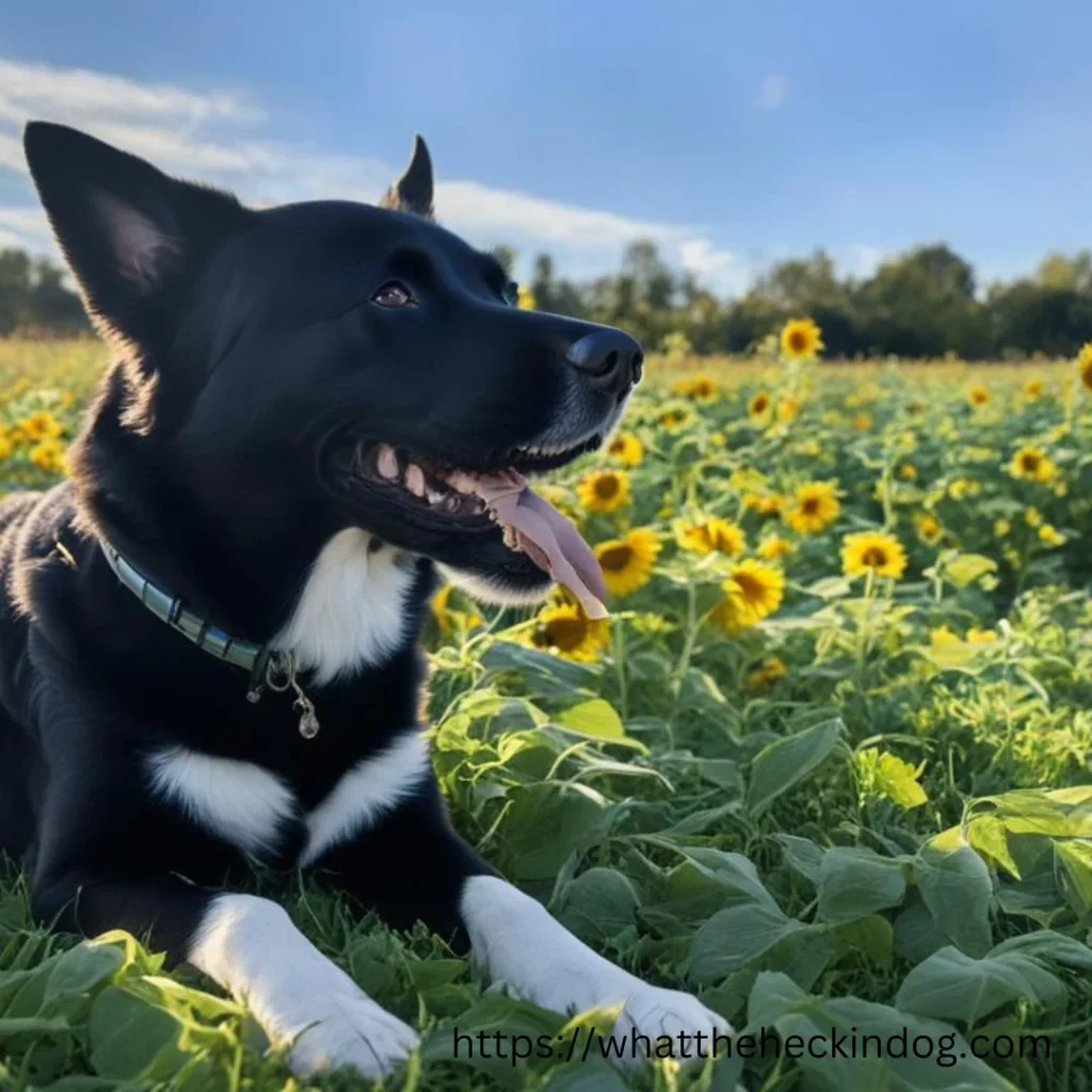 A black and white dog sitting amidst a vibrant field of sunflowers, enjoying the beauty of nature.