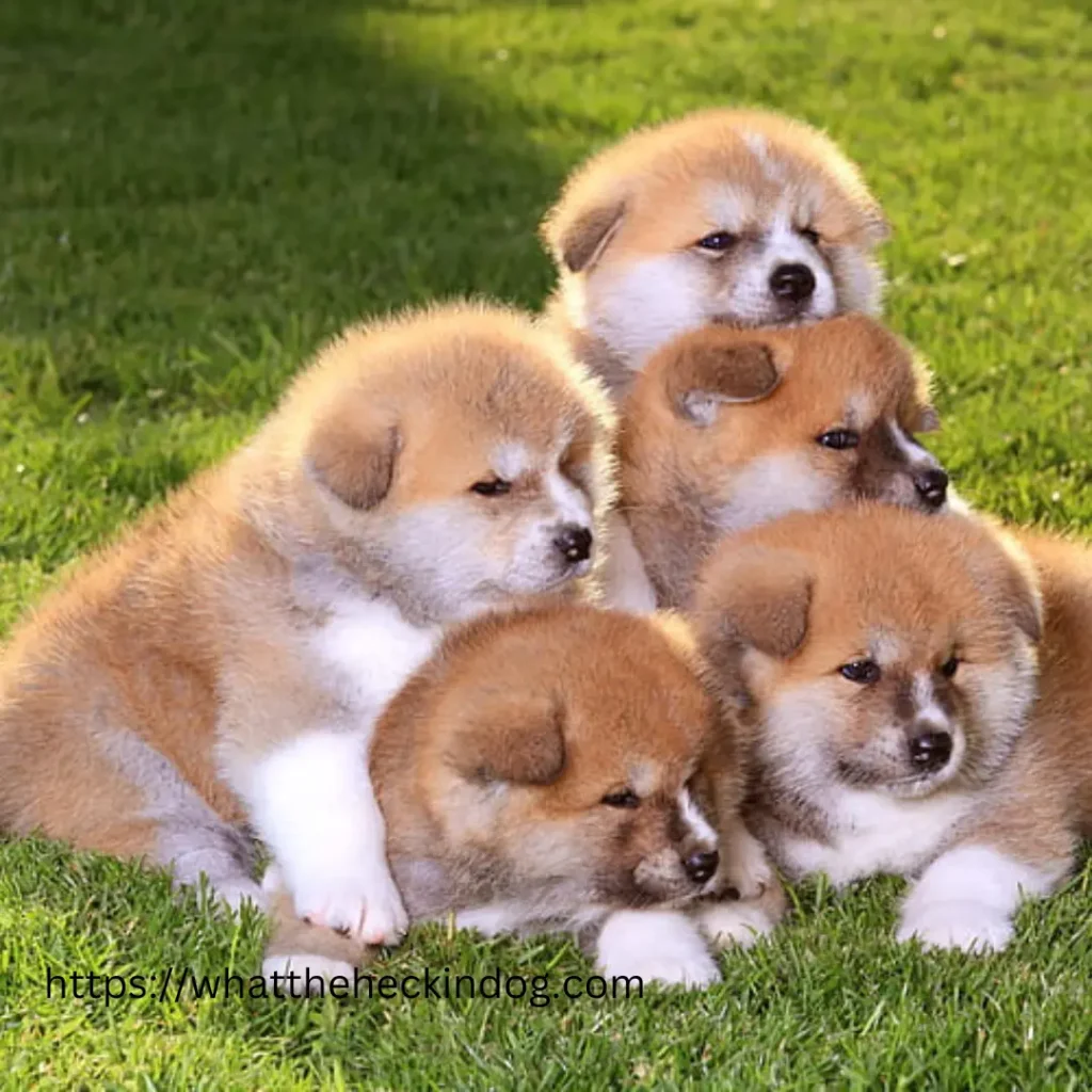 Five adorable puppies sitting together on lush green grass.