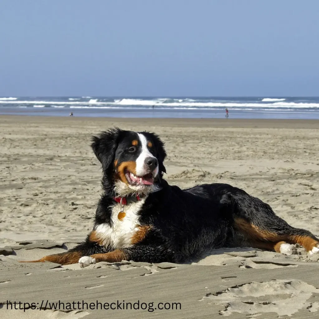 Bernese Mountain Dog enjoying a peaceful moment on the sandy beach, basking in the sun and feeling the gentle breeze.