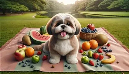 A dog sitting on a blanket surrounded by a variety of fresh fruit and vegetables.