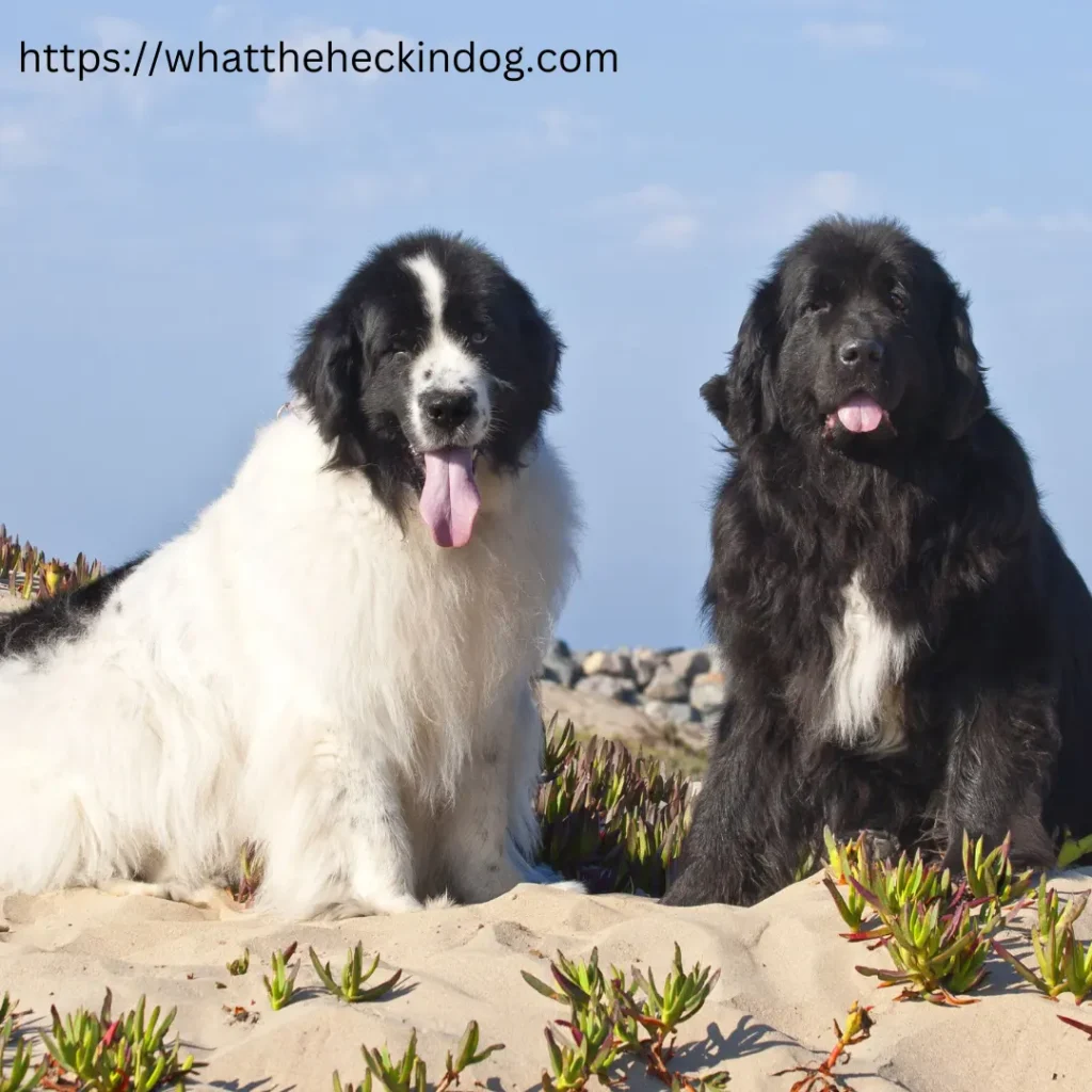 Two Newfoundland dog sitting on the sand at the beach.