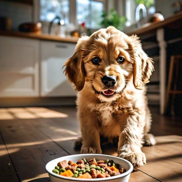 A fluffy puppy with curly fur sits on a wooden floor, looking at a bowl of mixed dog food in a bright kitchen.