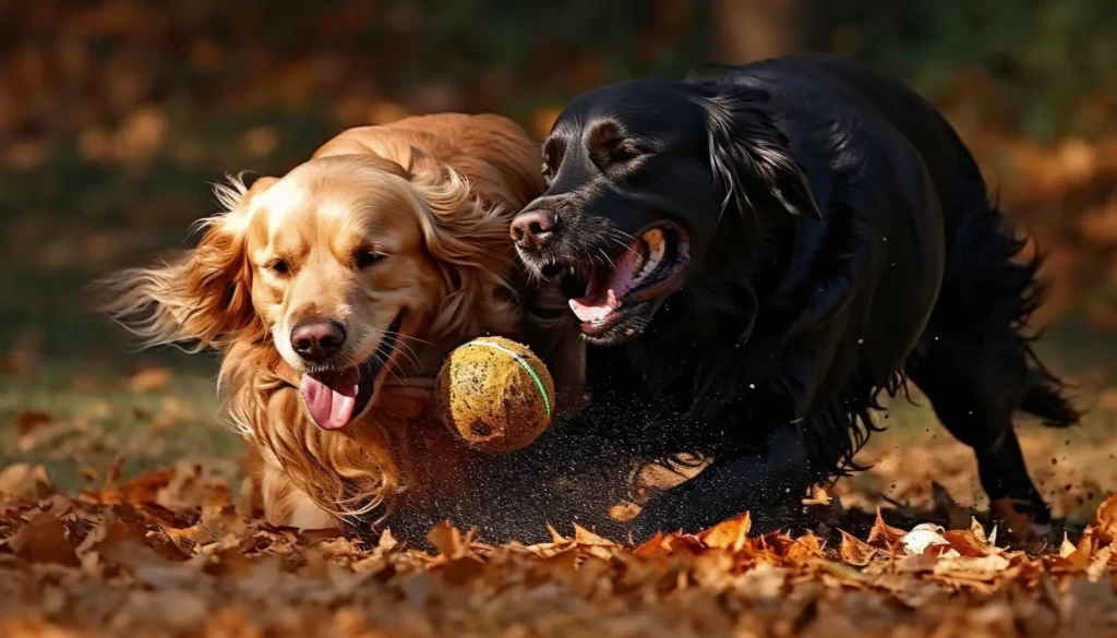 A playful dog with a shiny coat, wagging its tail joyfully in a sunny park, surrounded by green grass and trees.